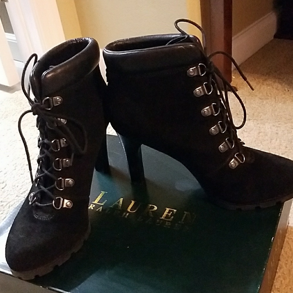 Black Suede Ralph Lauren lace up booties